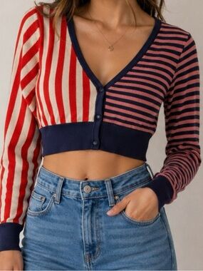 Cropped Stripe Button-Front Cardigan